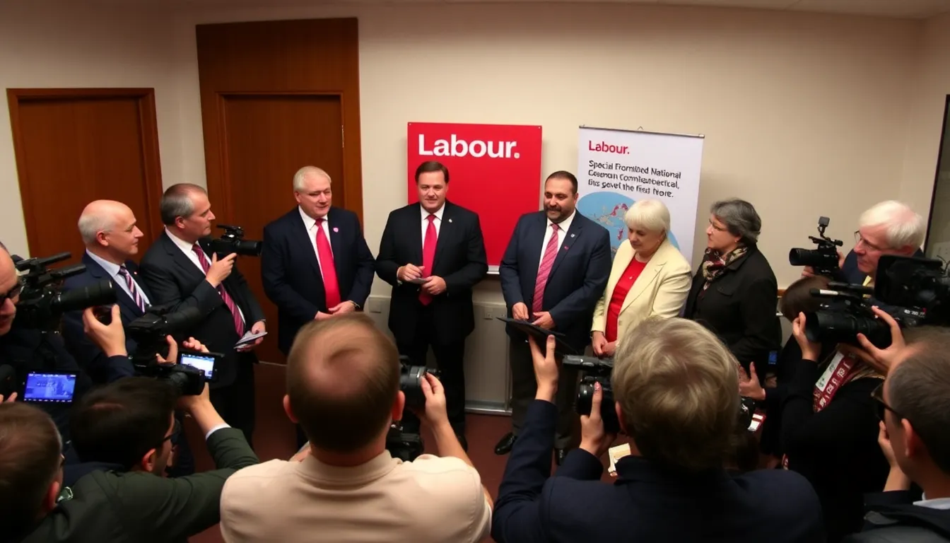 Labour Party leaders gather at a press conference, discussing strategies to address Brexit concerns and emphasizing the need for a closer relationship with the European Union.
