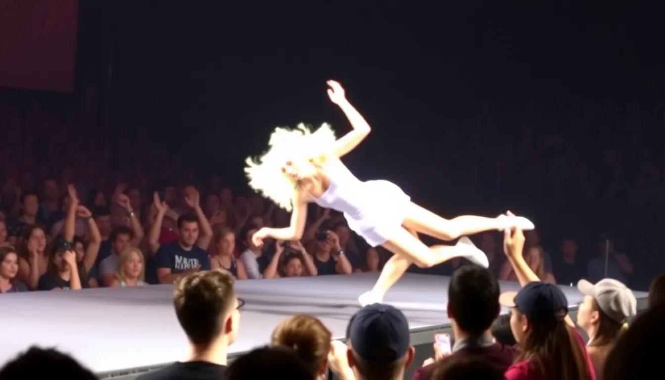 Lady Gaga pauses her concert in Sydney to check on a dancer who fell off the stage, as concerned audience members watch the scene unfold.