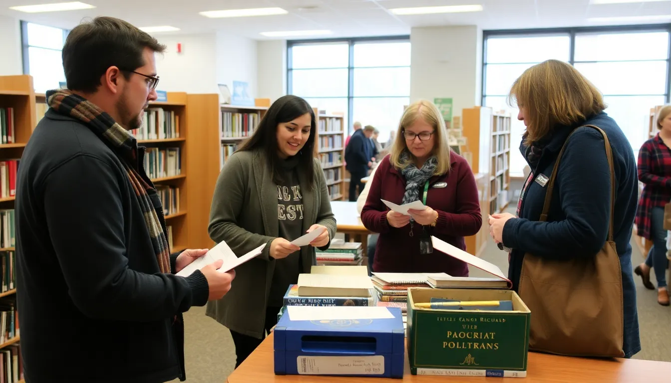 A group of children gathers around a librarian as she reads a story during a winterthemed event at a local library.