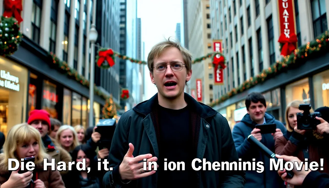 Macaulay Culkin passionately discusses his viewpoint on the classification of Die Hard as a Christmas movie during a podcast, surrounded by microphones and engaged listeners.