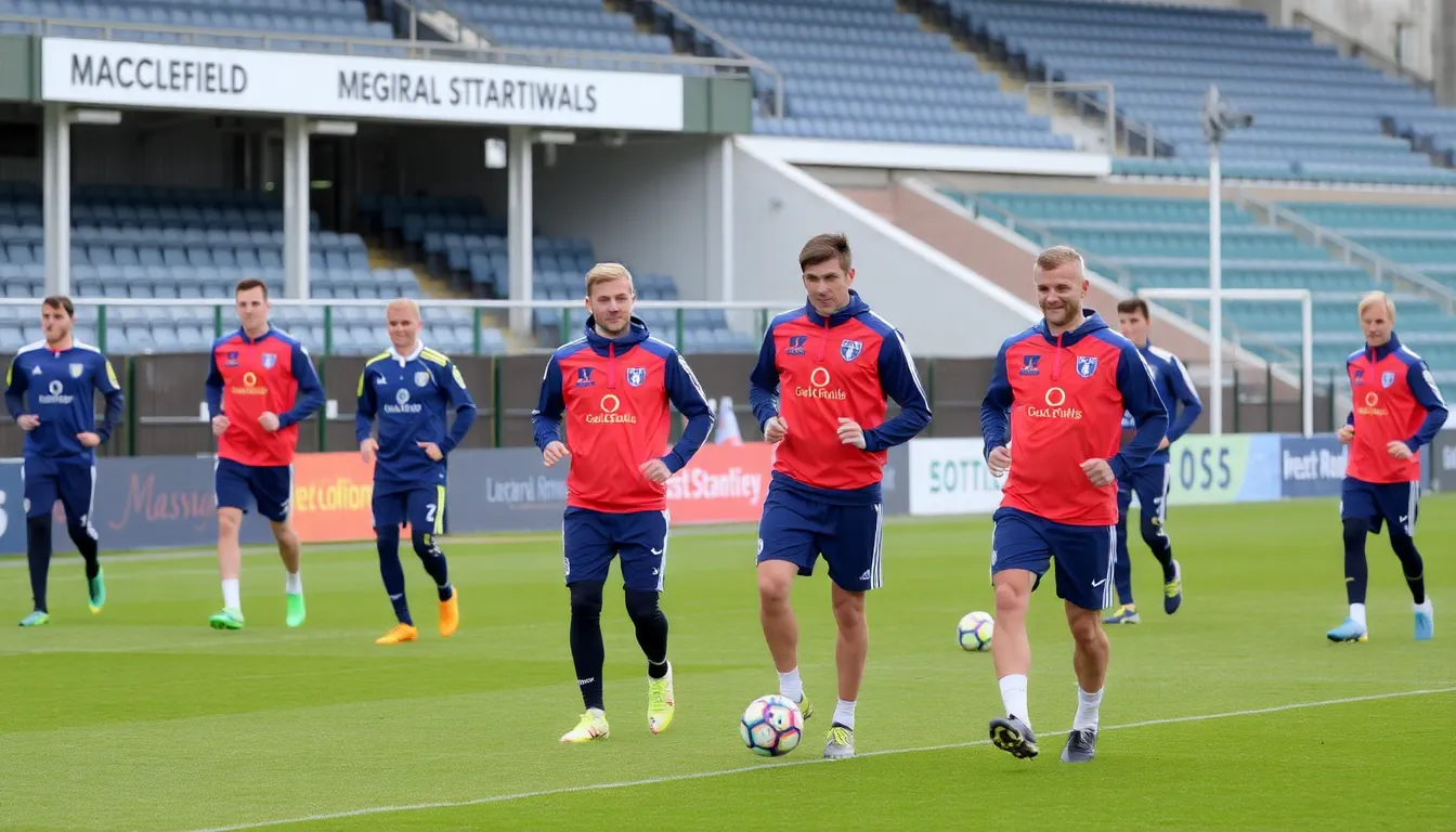 Macclesfield players train intensely, preparing for the challenge of facing the defending FA Cup champions in a historic encounter