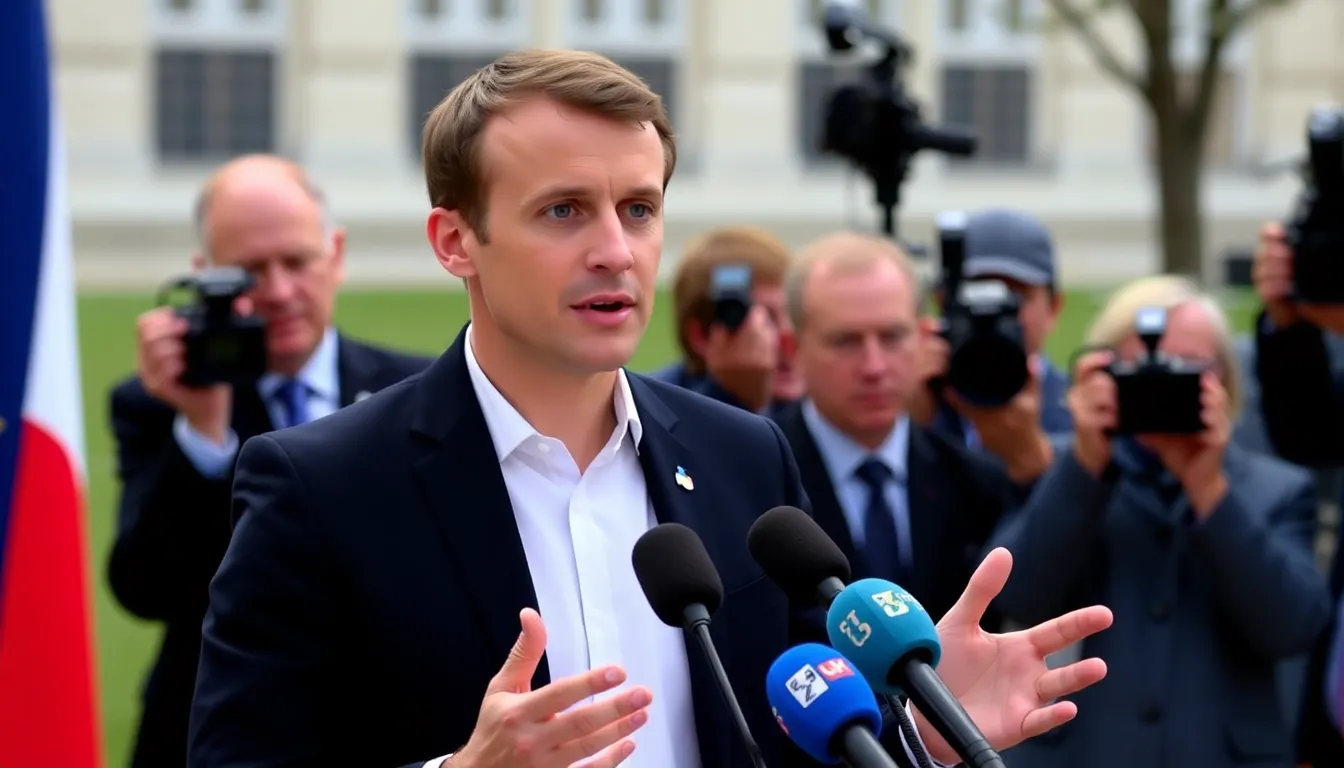 French President Emmanuel Macron speaks at a podium during a press conference, addressing allegations about his comments regarding U.S. military support for Ukraine amidst a backdrop of flags and journalists.