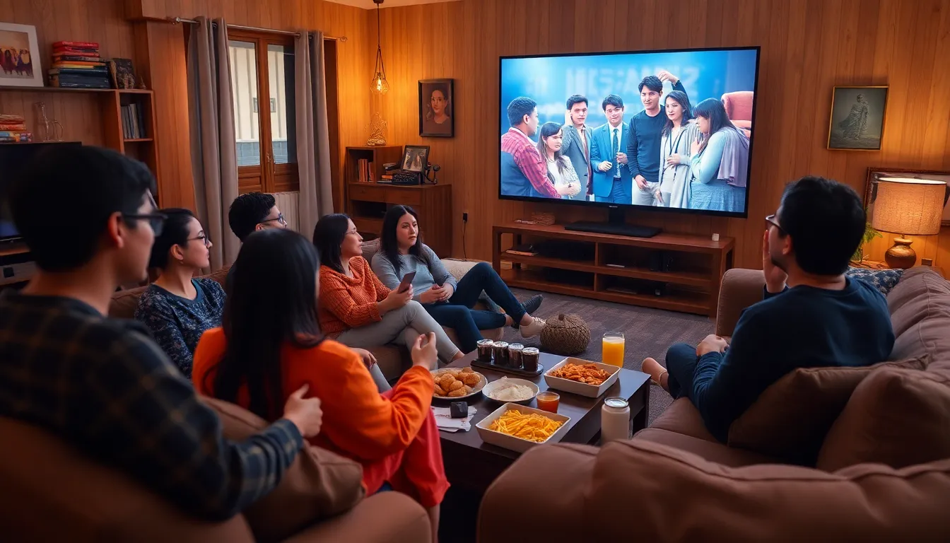 A group of people sits in a modern living room, intently watching a streaming service on a large television screen, surrounded by snacks and drinks, reflecting the current trend of home entertainment.