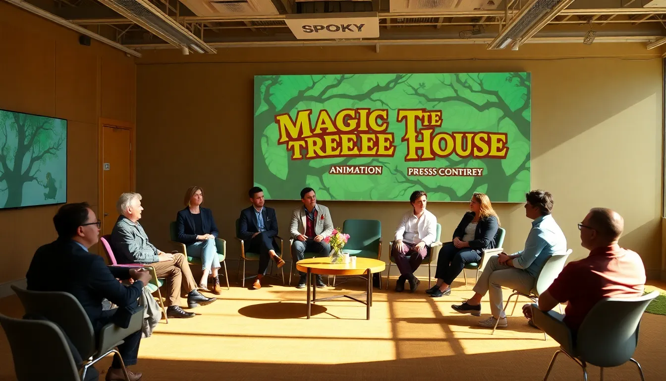 A group of children excitedly gathers around a colorful display featuring characters from the upcoming animated series based on the Magic Tree House books.