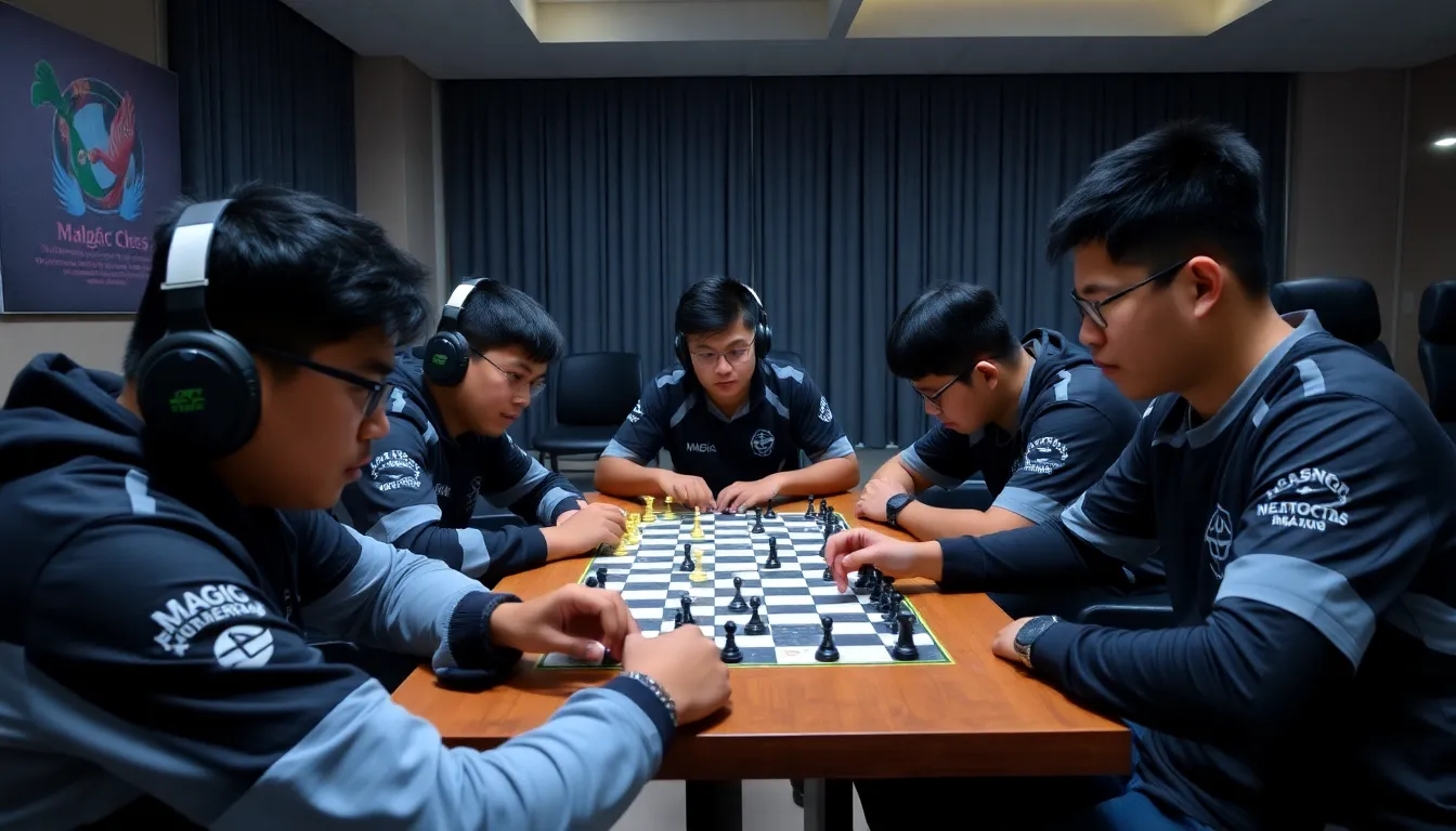 A closeup view of the Magic Chess game board during the final match, highlighting the strategic complexity of the competition