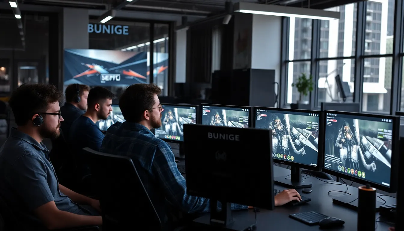 Bungie executives announce the March 2026 launch date for the new Marathon game during a press event, surrounded by promotional materials and enthusiastic fans.