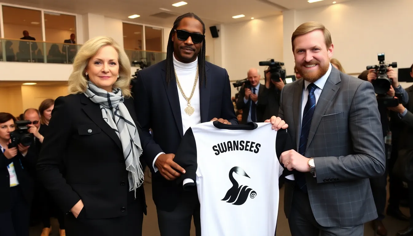 Martha Stewart stands alongside Snoop Dogg and Luka Modric at a press conference announcing her new role as coowner of Swansea City AFC, highlighting the blend of celebrity and sports ownership.