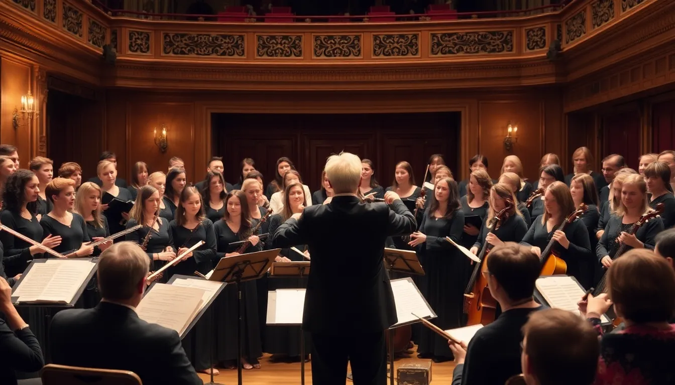 A women's choir performs alongside musicians playing Elizabethan instruments, creating a haunting atmosphere during the premiere of Max Richter's composition for the stage adaptation of "Hamnet."