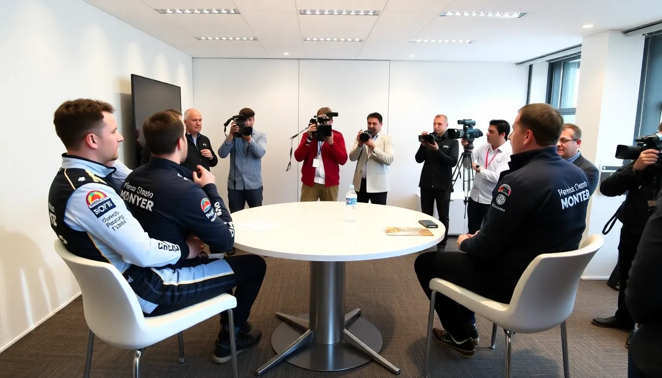 Jonny McErlean and Sam Armstrong stand beside their rally cars during the announcement of their new roles with MSport for the upcoming World Rally Championship season.