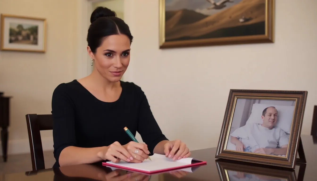 Meghan Markle is seen walking into a hospital, holding a letter as she prepares to reach out to her estranged father, Thomas Markle, who is currently receiving medical care.