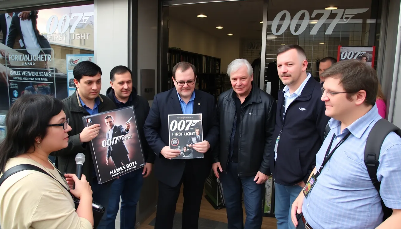 A group of disappointed fans gathers outside a gaming store, discussing the recent delay of the highly anticipated video game 007 First Light.