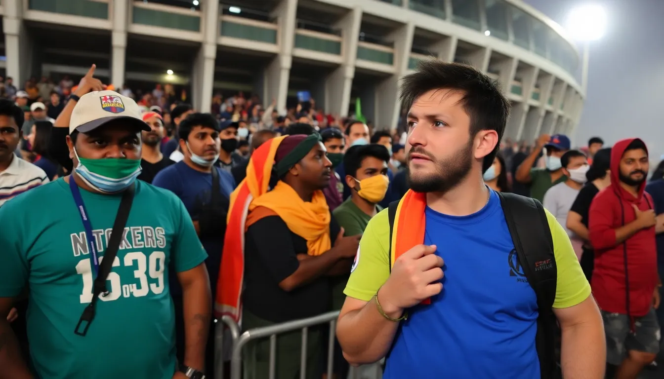 Crowds gather in a bustling city square, eagerly awaiting news about Lionel Messi's upcoming tour of India amid reports of logistical challenges and venue selection issues.
