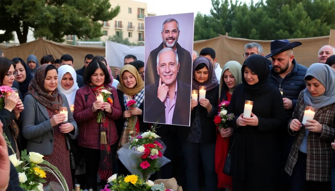 A group of mourners gathers outside a theater, holding candles and flowers in tribute to Mohammad Bakri, honoring his contributions to Palestinian cinema following his recent passing at the age of 72.