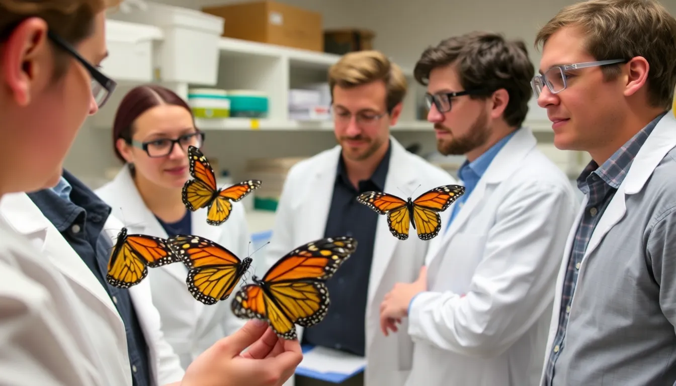 A group of researchers in a field is examining monarch butterflies as they flutter around, highlighting the ongoing studies on their migratory navigation and the impact of environmental changes.