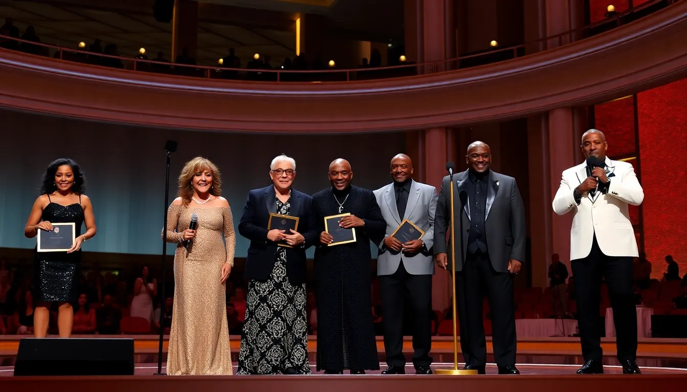 A group of renowned musicians, including Whitney Houston and Paul Simon, gather on stage to celebrate their Grammy Lifetime Achievement Awards during a ceremony honoring their significant contributions to the music industry.