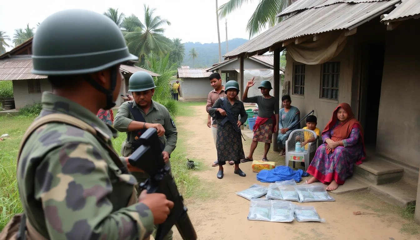 Myanmar military forces conduct a raid on a suspected scam compound in an urban area, with armed soldiers and local residents observing the operation.