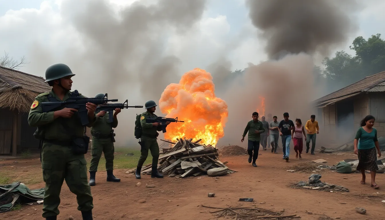 Myanmar military personnel conduct a raid on a suspected scam compound, with armed soldiers surrounding the building while onlookers observe from a distance.