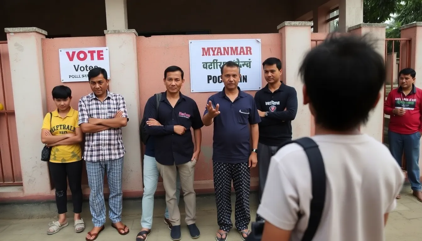 Voters leave a polling station in Myanmar as polls close, reflecting the tense atmosphere surrounding the widely criticized election amid fears of reprisals.