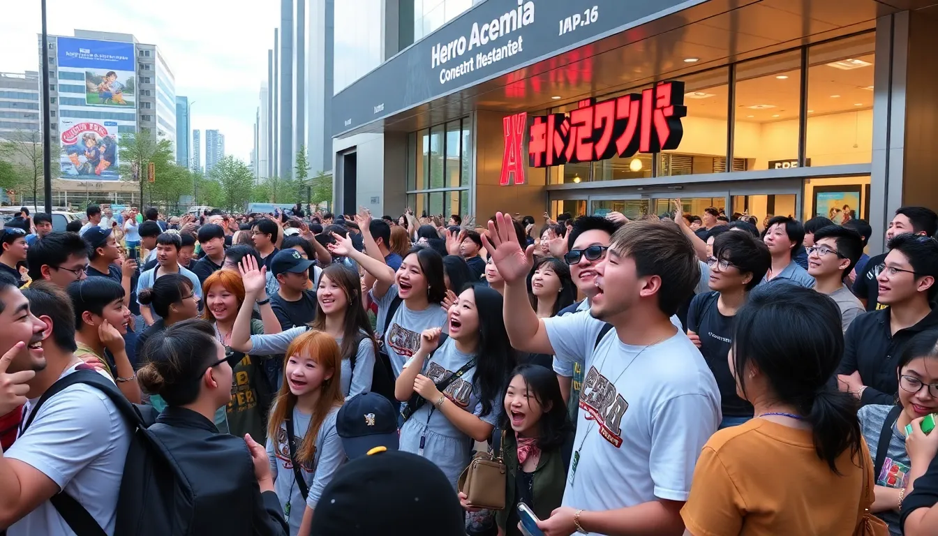 Fans gather excitedly as the trailer for the My Hero Academia concert tour is unveiled, showcasing vibrant visuals of beloved characters in action poses.