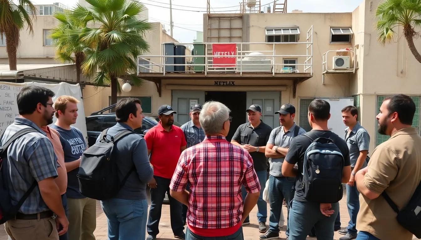 Workers gather outside a studio, holding signs in support of fair labor practices amid ongoing tensions between Netflix and Paramount over market competition.