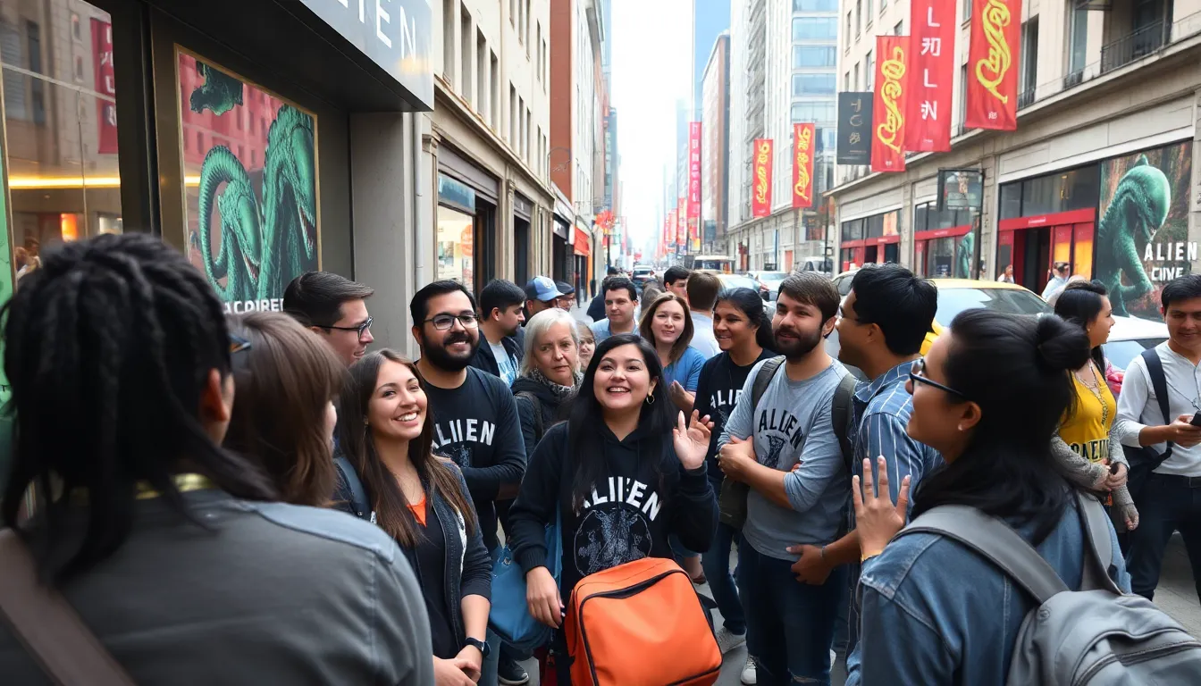 A group of excited fans gathers at a gaming convention, eagerly discussing the rumored development of a new Alien video game while surrounded by promotional posters and merchandise.