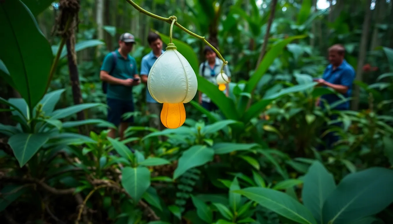 A group of scientists examines the newly discovered Fairy Lantern flower in a lush, green forest of the Pacific Northwest, highlighting its unique parasitic characteristics.