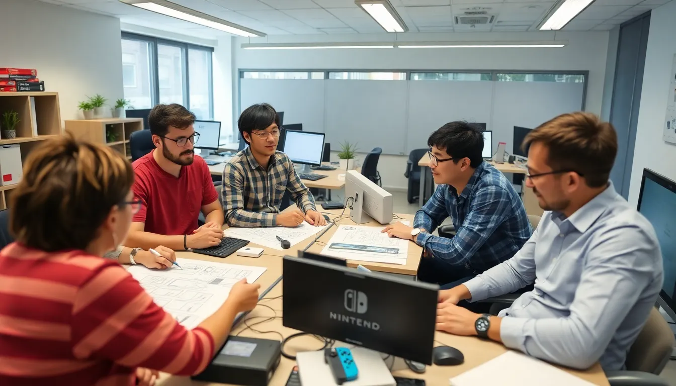 A group of Nintendo engineers is seen discussing plans for a new smaller gamekey card alternative during a brainstorming session in a modern office setting.