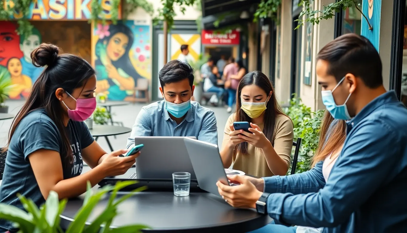 A group of friends enjoying a video call on a smartphone, illustrating the rise of social media platforms and virtual connections