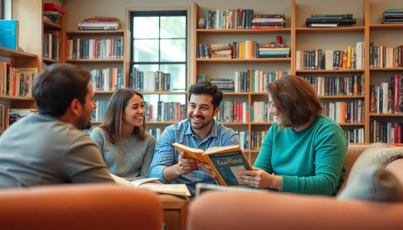 A group of readers gathers in a cozy bookstore, exchanging book recommendations and discussing their favorite literary genres.
