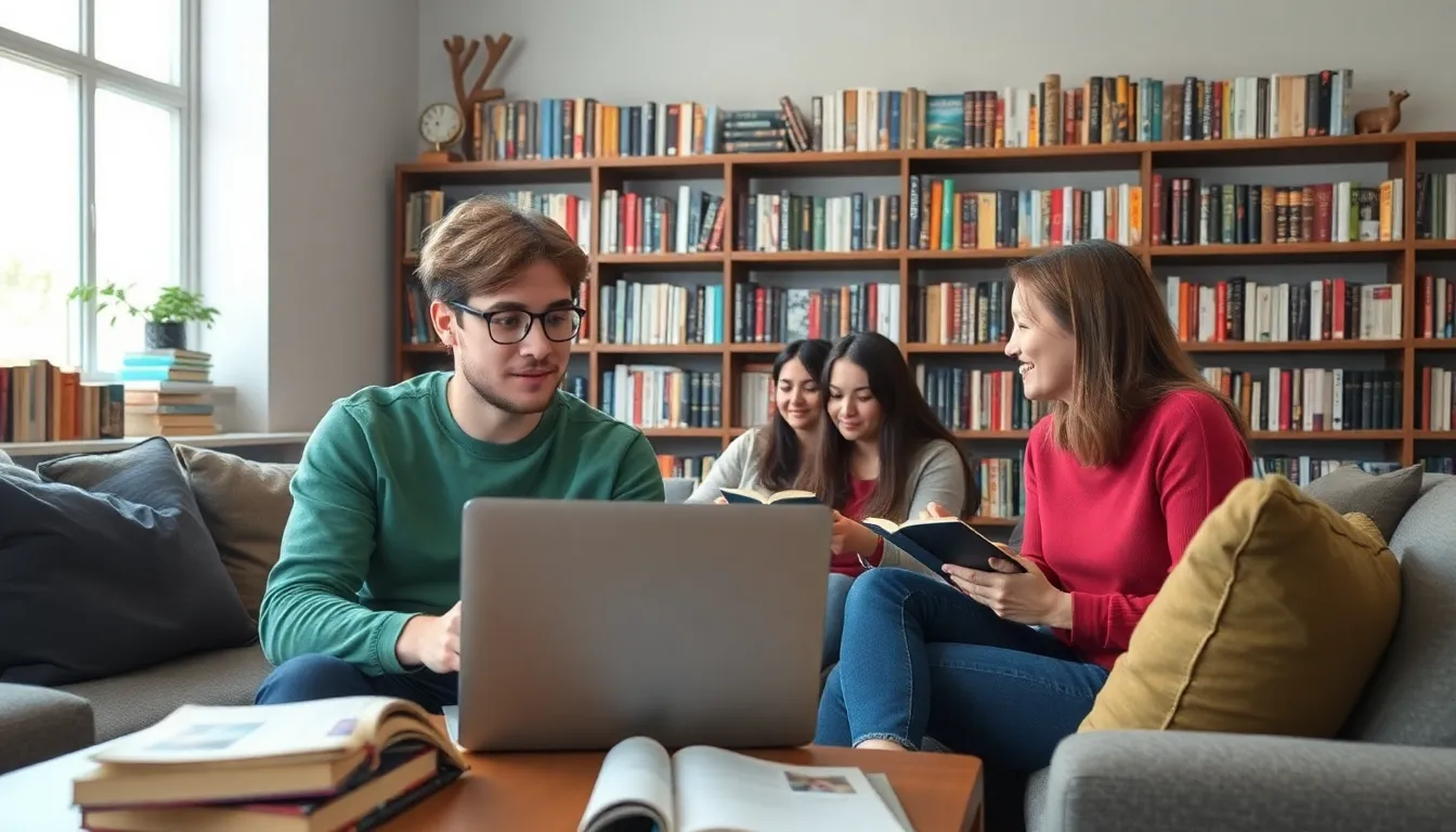 A group of friends gathered in a cozy living room, exchanging their favorite book titles and insights, showcasing the joy of communitydriven literary exploration