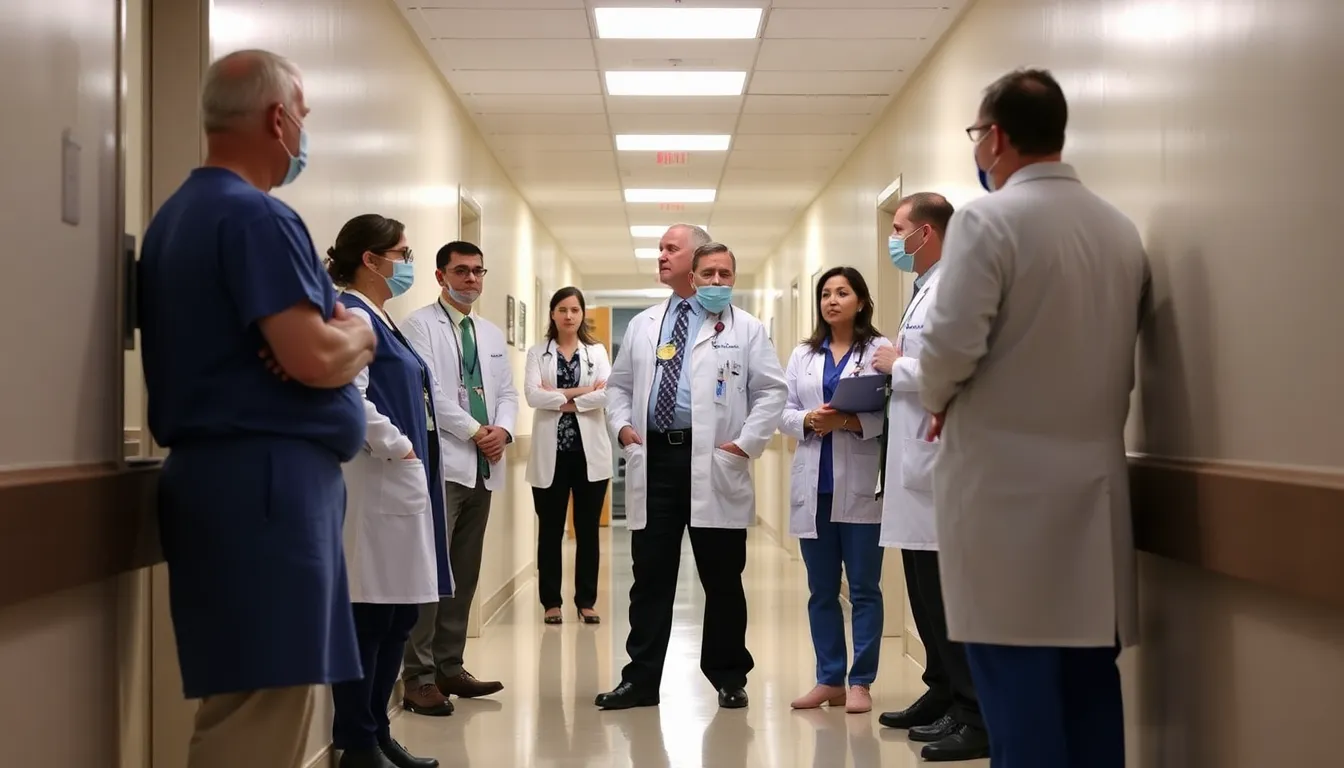 A somber gathering of healthcare professionals and family members outside a hospital, reflecting on the tragic death of a kidney recipient who contracted rabies from an organ donor.