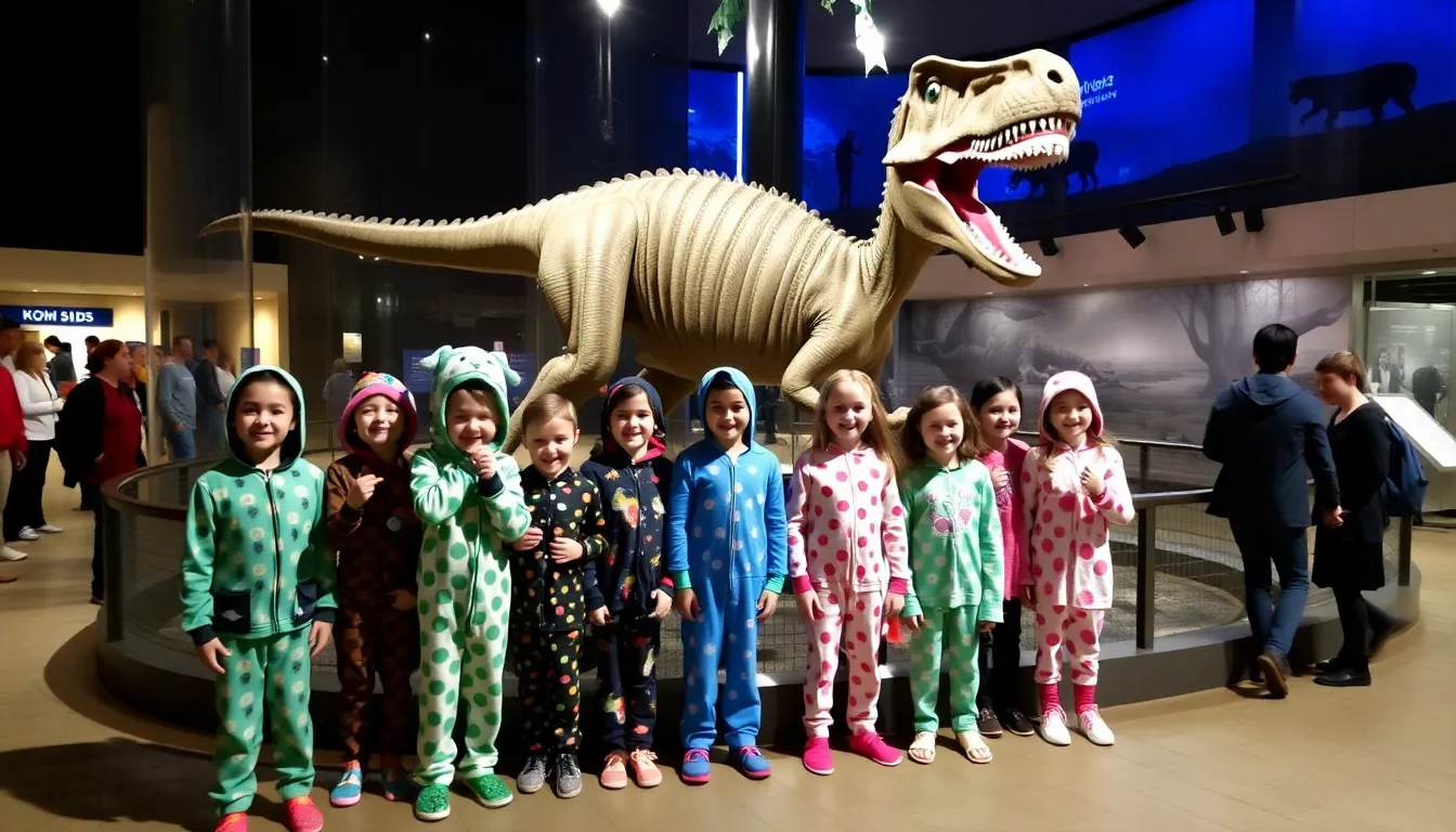 Families dressed in pajamas explore dinosaur exhibits during a nighttime museum event, engaging in interactive displays and activities.