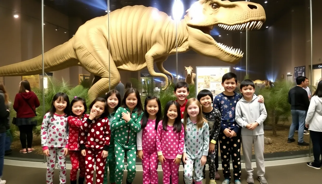 Children interact with lifesized dinosaur models, captivated by the engaging educational displays during the nighttime program