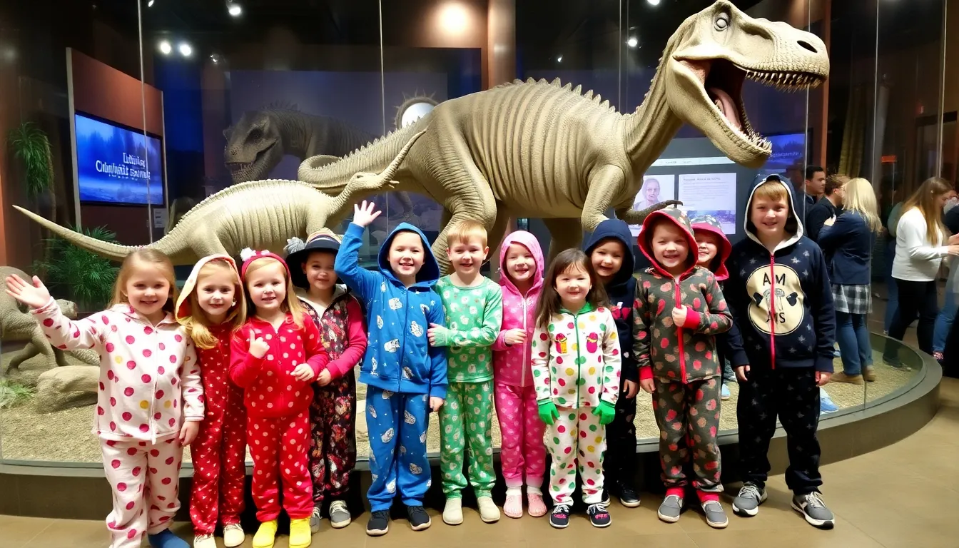 A family participates in a storytelling session about dinosaurs, surrounded by vibrant displays that spark curiosity and imagination