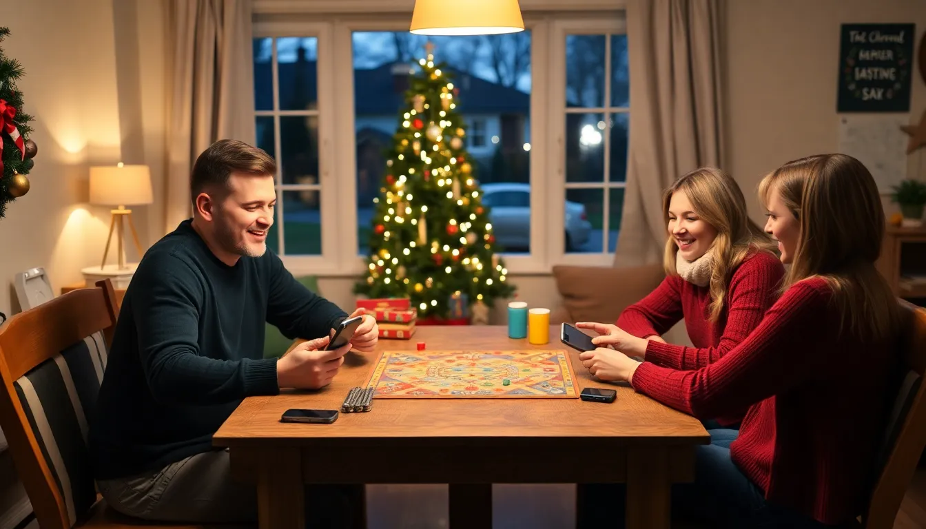A family gathers around a festive dinner table, with parents and children engaged in conversation while their smartphones are set aside.