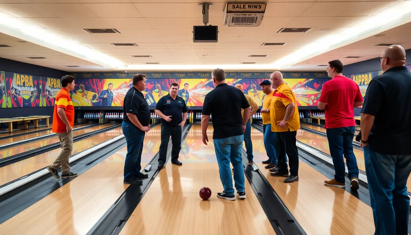 A group of players enthusiastically competes in a bowling alley, showcasing their skills as they aim for strikes during a lively tournament event.