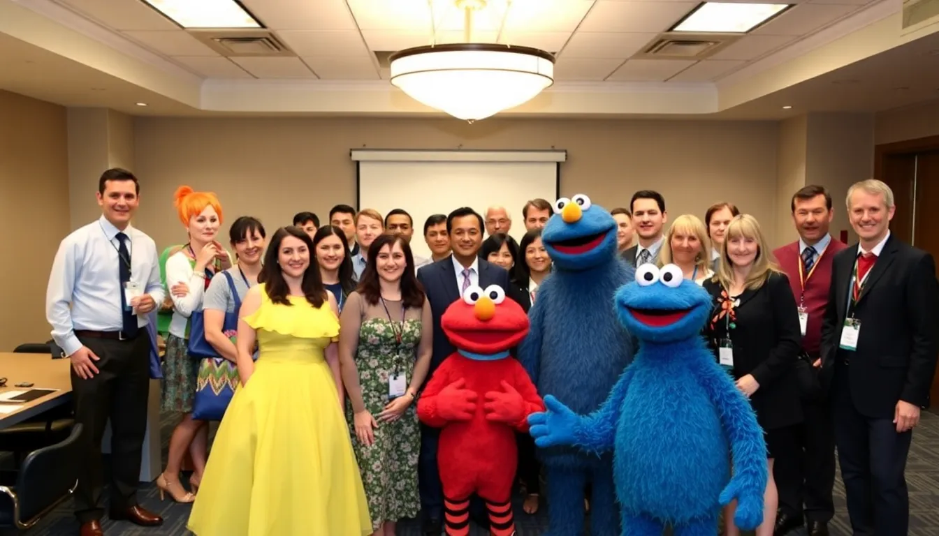The vibrant set of Sesame Street, featuring beloved characters interacting with children in a playful and educational environment