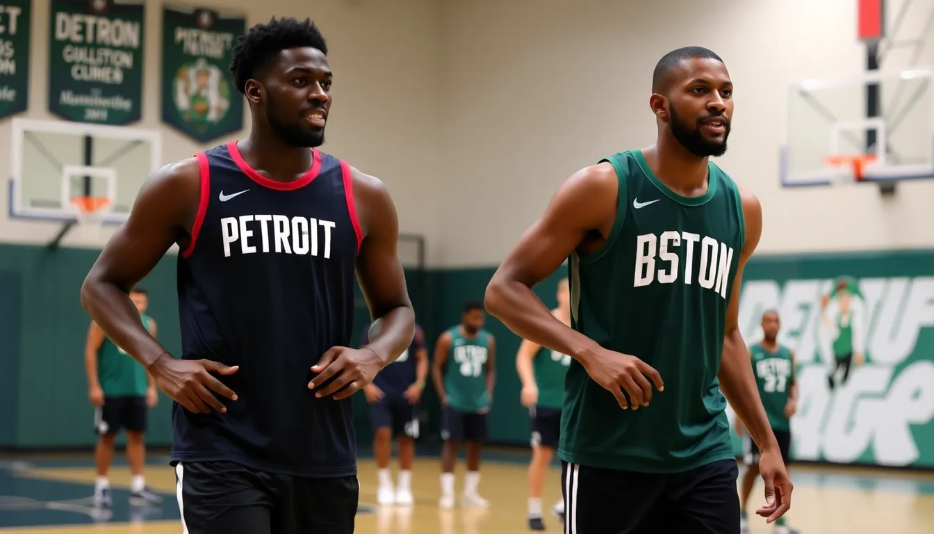 the Detroit Pistons and Boston Celtics players warming up on the court before their game, with fans filling the stands in anticipation of the matchup.