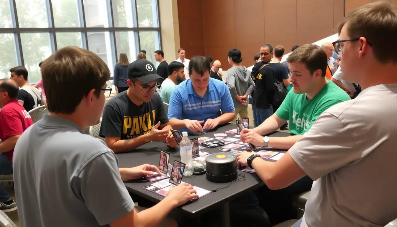 A group of enthusiastic Pokémon TCG players gathers around a table, eagerly discussing strategies and showcasing their newly acquired Pocket Crimson Blaze cards during a local tournament event.