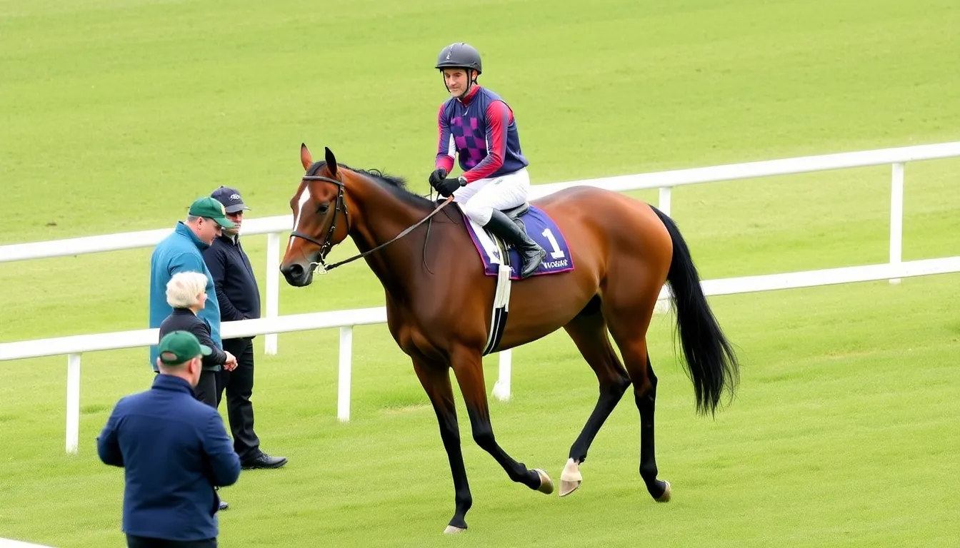 A horse trained by Harry Redknapp gallops confidently during a training session ahead of the King George VI Chase at Kempton Park, surrounded by eager spectators and fellow competitors.