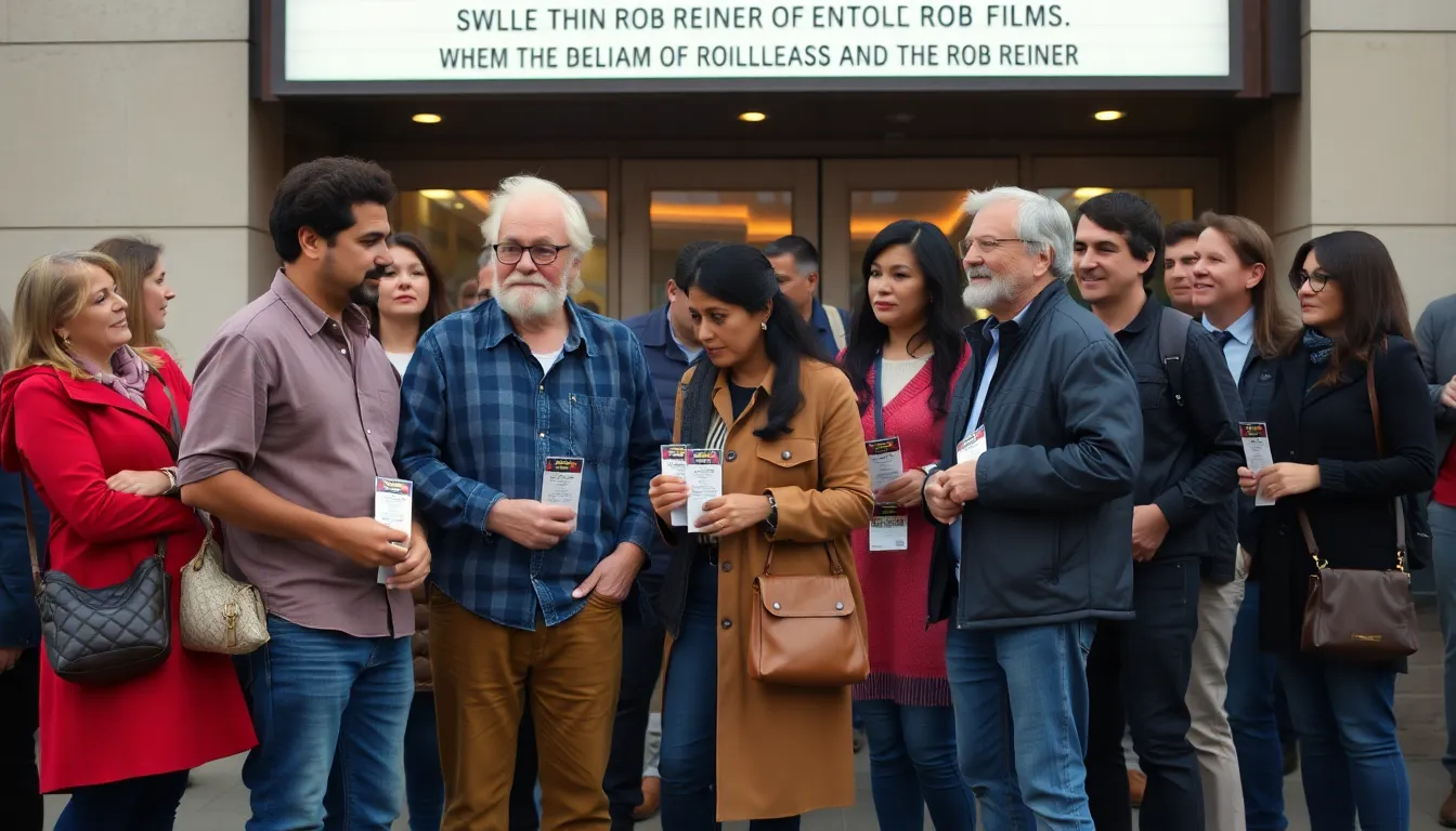 A crowd gathers at a film festival to celebrate Rob Reiner's legacy, with attendees engaging in discussions about his influential films and their impact on cinema.