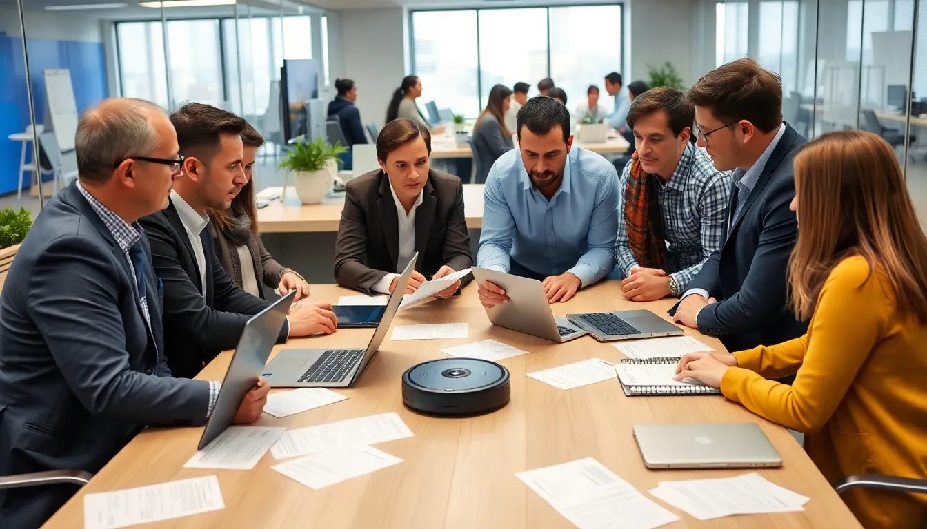 A group of concerned investors and analysts gather in a conference room, discussing the implications of iRobot's bankruptcy filing and its impact on the home automation market.