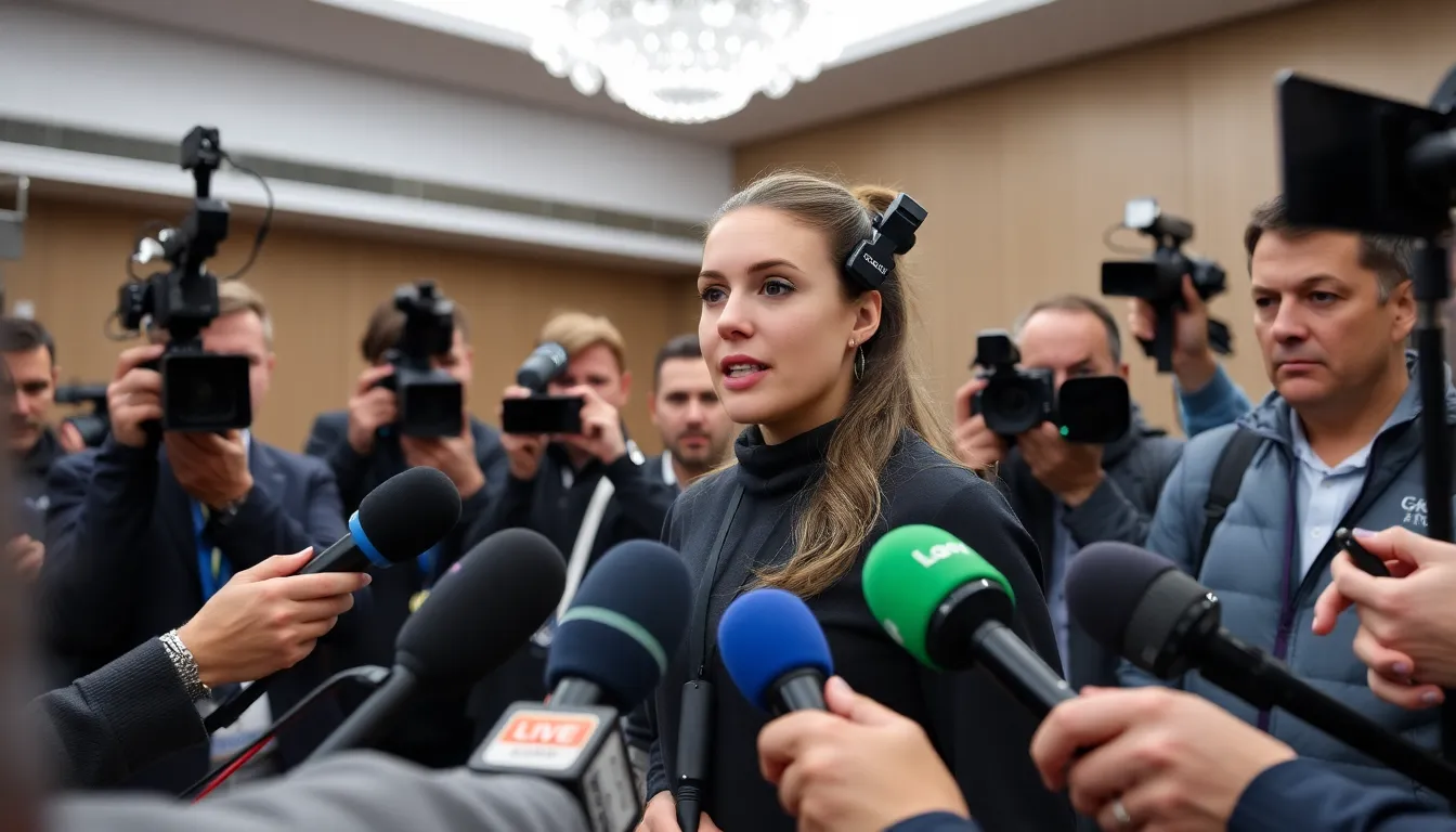Aryna Sabalenka speaks confidently at a press conference, addressing the impact of the Battle of the Sexes on women's sports while surrounded by reporters and cameras.