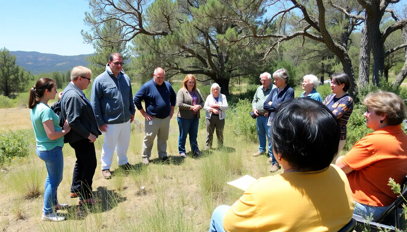A conservationist examines a patch of native plants in the Sacramento Mountains, highlighting efforts to protect the threatened Sacramento Mountains Checkerspot Butterfly's habitat.