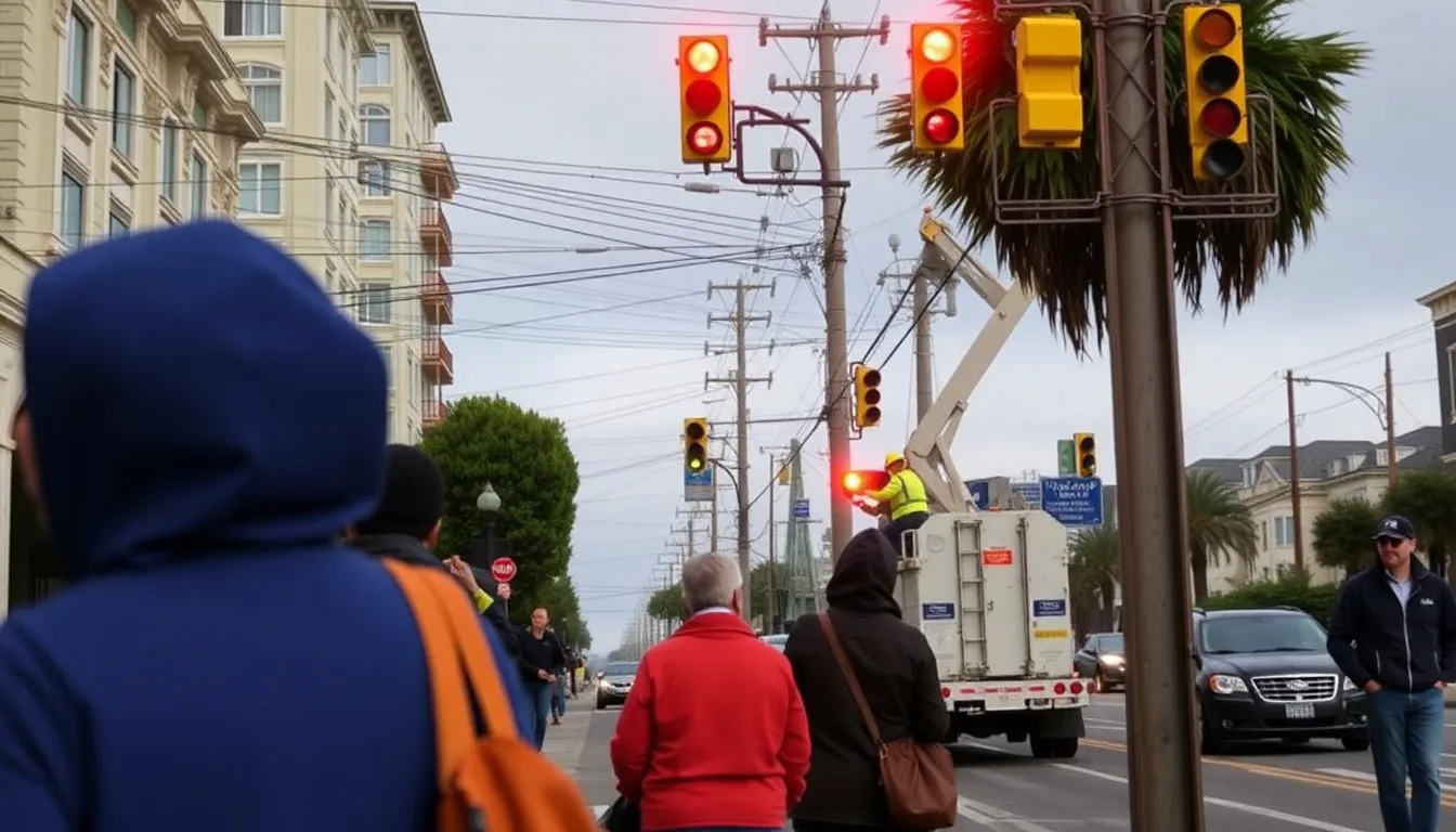 Utility workers assess equipment on a street in San Francisco as power is restored following a widespread outage that affected thousands of residents and businesses.