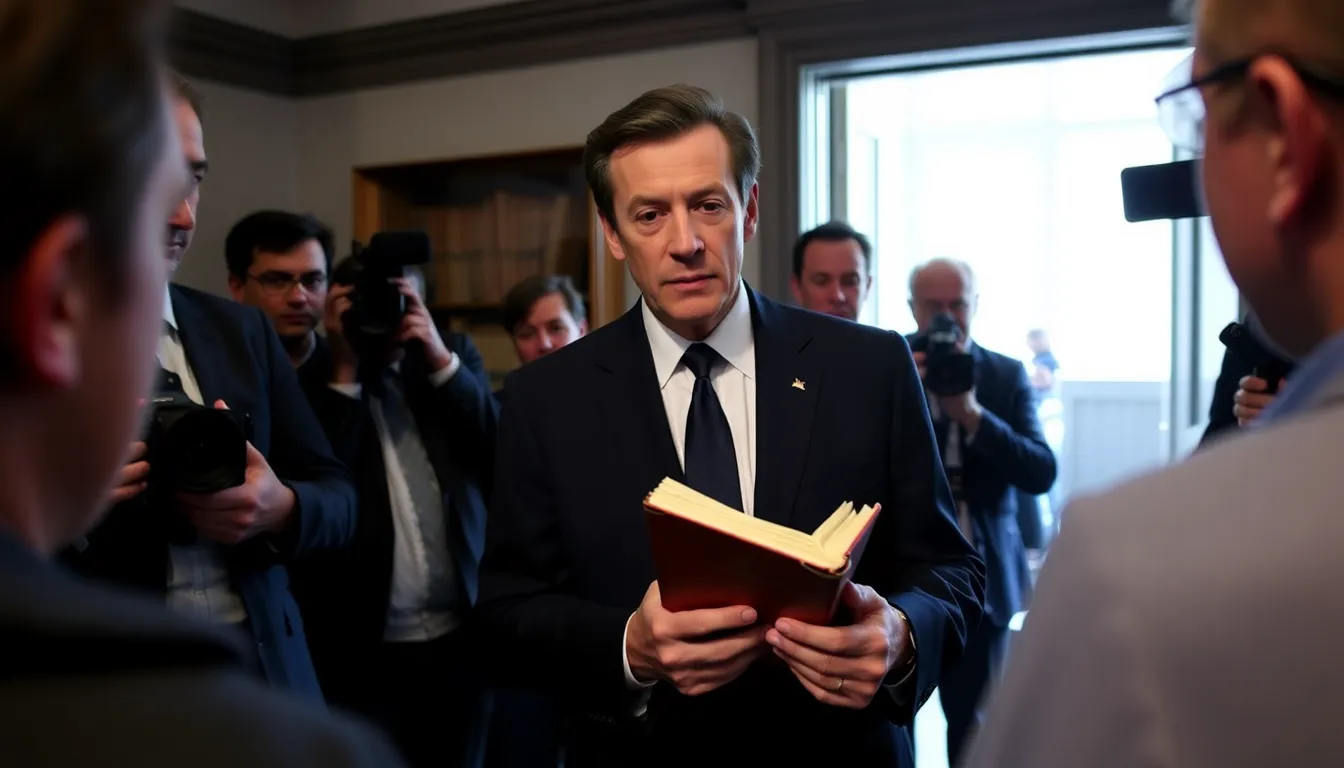Nicolas Sarkozy sits at a table in a dimly lit room, surrounded by stacks of papers and a pen in hand, reflecting on his recent experiences during his time in prison.