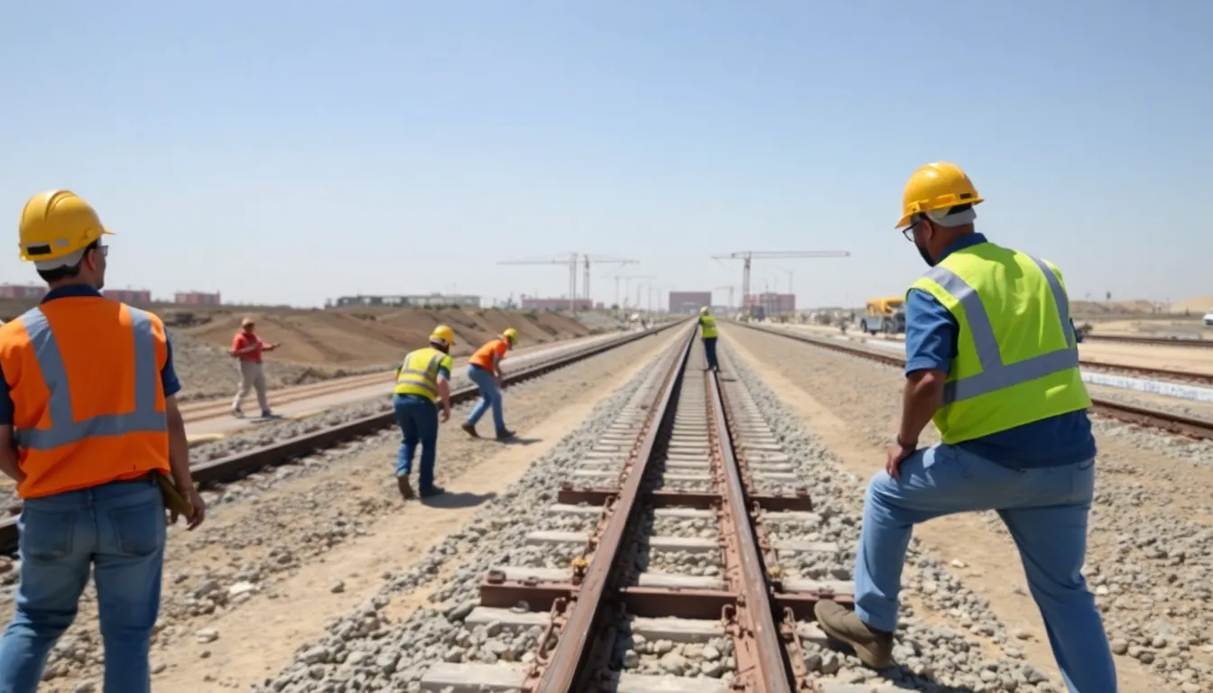 Construction workers and engineers collaborate on the Saudi ArabiaQatar HighSpeed Rail Project, surrounded by heavy machinery and construction materials as they plan the rail line aimed at enhancing regional connectivity and promoting tourism.