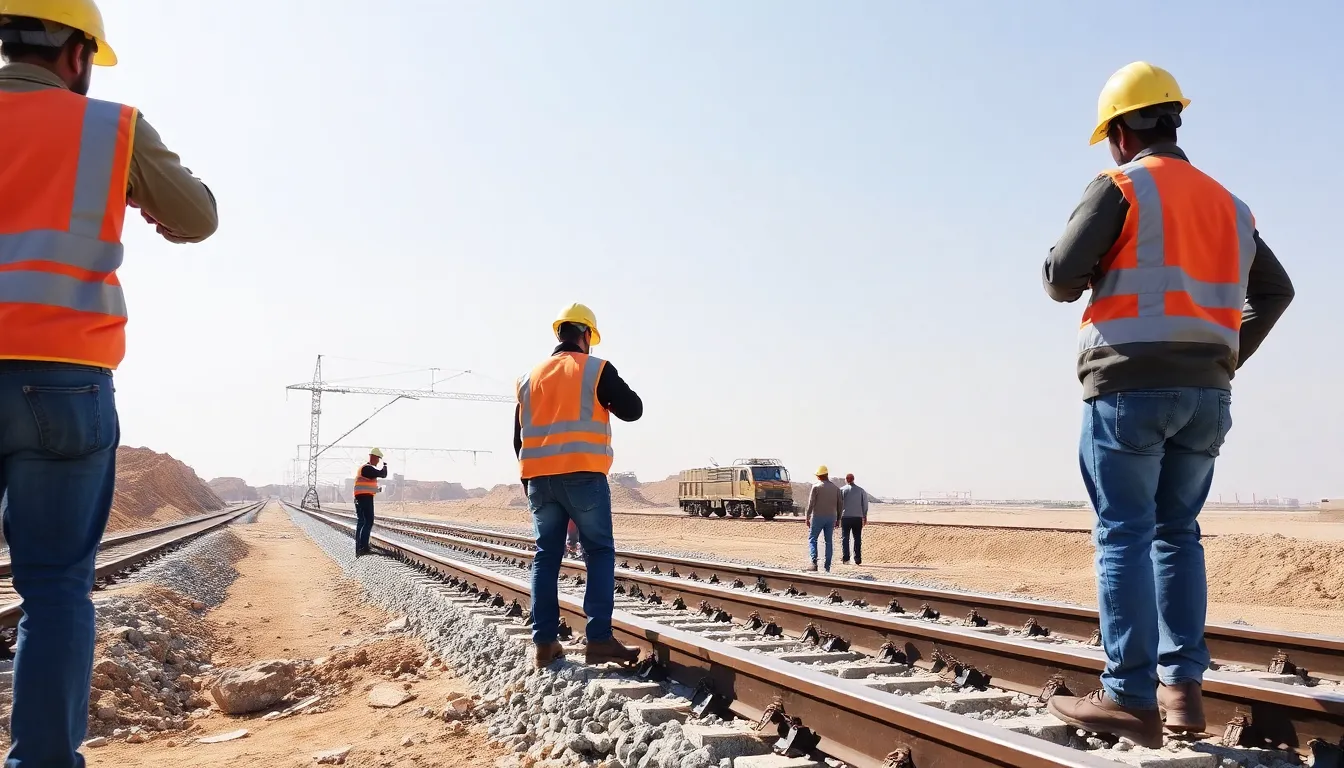 Engineers and officials from Saudi Arabia and Qatar collaborating on plans for the highspeed rail project, showcasing international cooperation in infrastructure development