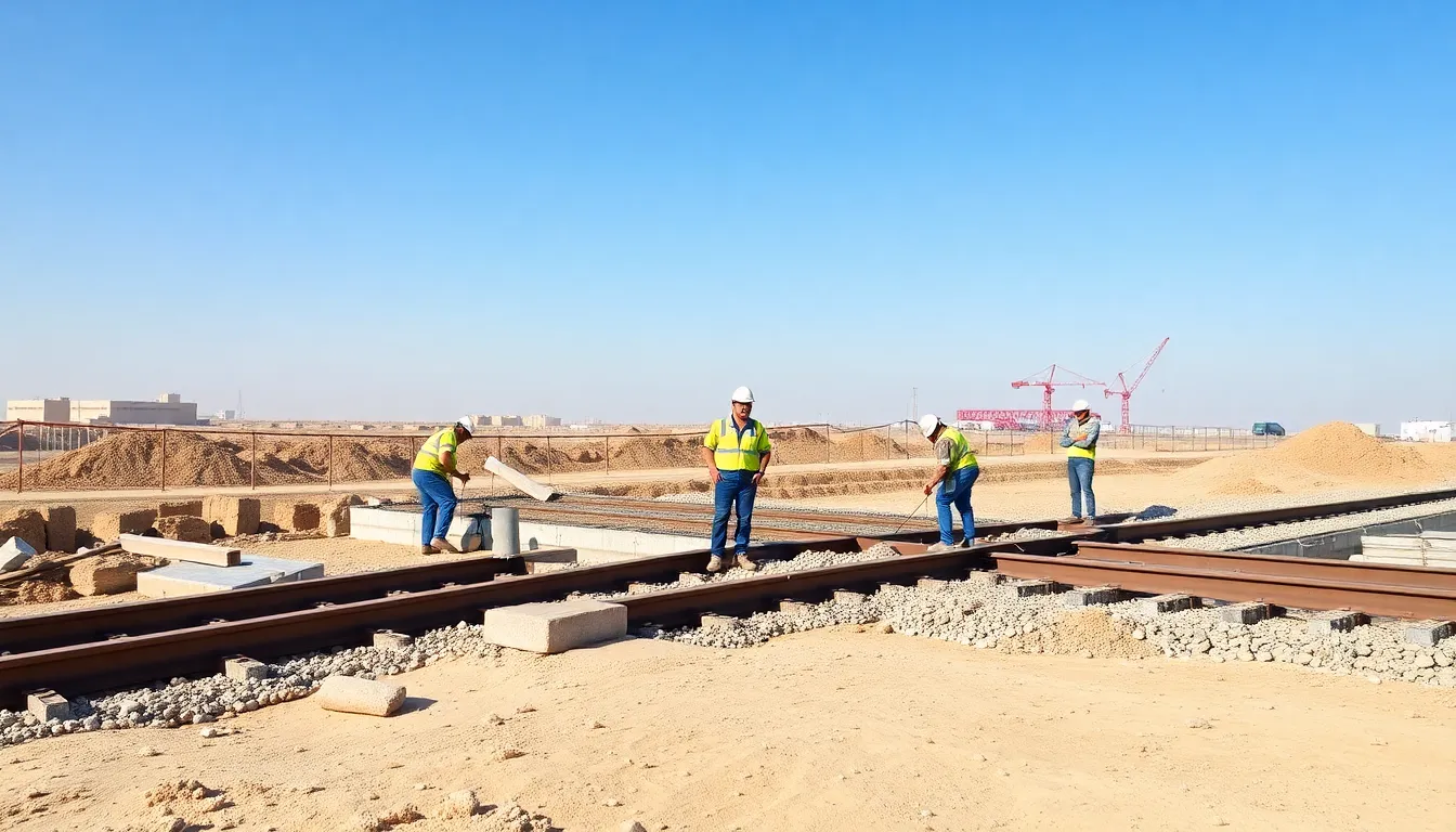A bustling construction site where workers are actively building the highspeed rail, highlighting the economic boost and job creation associated with the project