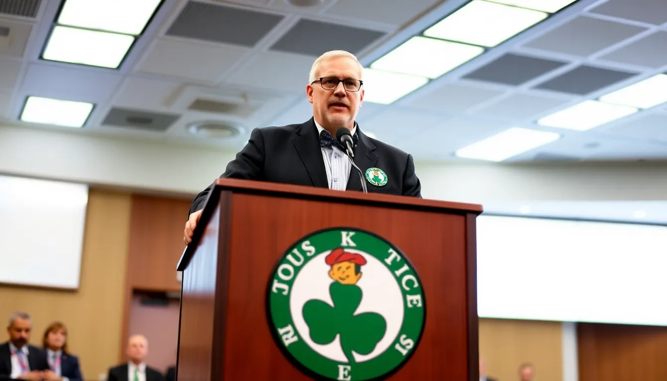 Scott stands confidently at a press conference, surrounded by Celtic Football Club branding, as he discusses his new role as head coach following the departure of his predecessor.